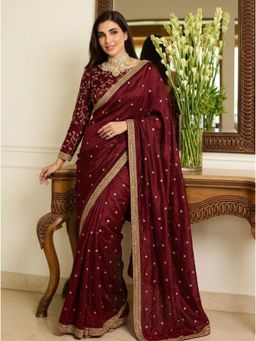 Nyri - Maroon Embroidered Embellished Sequinned Satin Saree with Unstitched Blouse