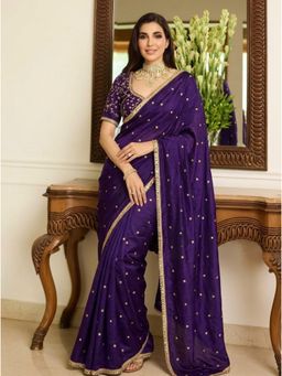 Nyri - Purple Embroidered Embellished Sequinned Satin Saree with Unstitched Blouse