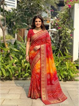 Nyri - Red Woven Zari Silk Blend Saree with Unstitched Blouse