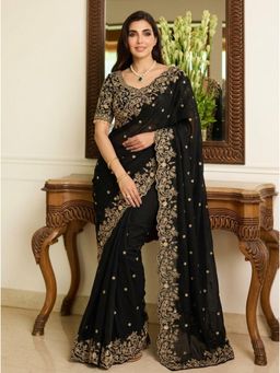 Nyri - Black Embroidered Embellished Sequinned Satin Saree with Unstitched Blouse