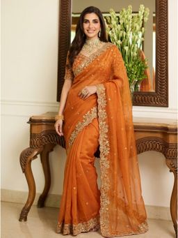 Nyri - Orange Embroidered Embellished Sequinned Satin Saree with Unstitched Blouse