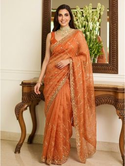 Nyri - Orange Embroidered Embellished Sequinned Satin Saree with Unstitched Blouse