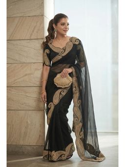 Nyri - Black Embroidered Embellished Sequinned Net Saree with Unstitched Blouse