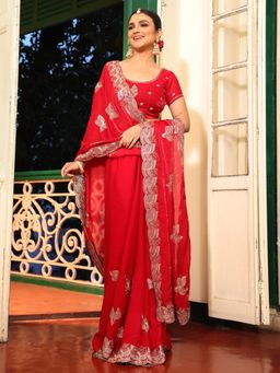 Nyri - Embroidered Embellished Sequinned Satin Saree with Unstitched Blouse