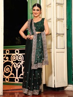 Nyri - Green Embroidered Embellished Sequinned Chiffon Saree with Unstitched Blouse