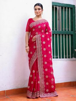 Nyri - Embroidered Embellished Sequinned Chiffon Saree with Unstitched Blouse