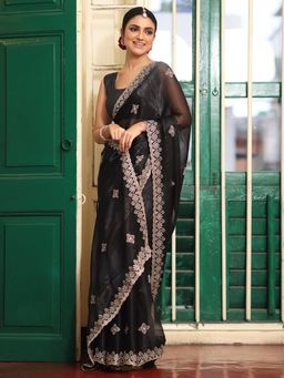 Nyri - Black Embroidered Embellished Sequinned Chiffon Saree with Unstitched Blouse