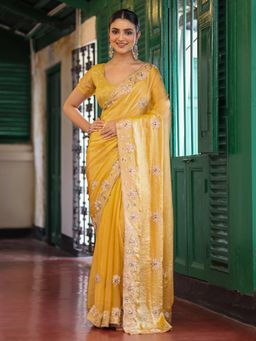 Nyri - Yellow Embroidered Embellished Sequinned Satin Saree with Unstitched Blouse
