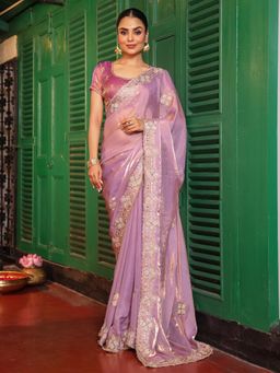 Nyri - Lavender Embroidered Embellished Sequinned Satin Saree with Unstitched Blouse