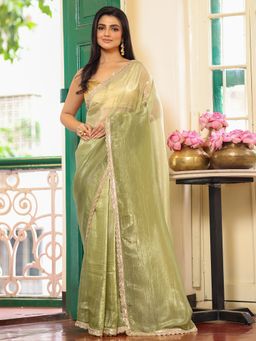 Nyri - Green Embellished Ombre Sequinned Chiffon Saree with Unstitched Blouse