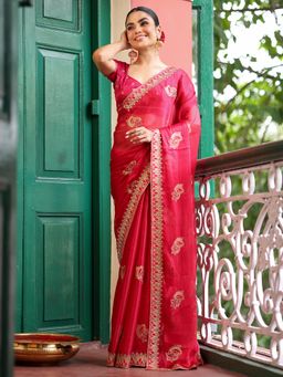 Nyri - Embroidered Embellished Sequinned Chiffon Saree with Unstitched Blouse