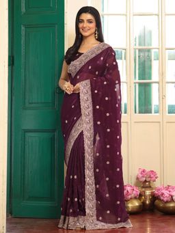 Nyri - Purple Embroidered Embellished Sequinned Chiffon Saree with Unstitched Blouse