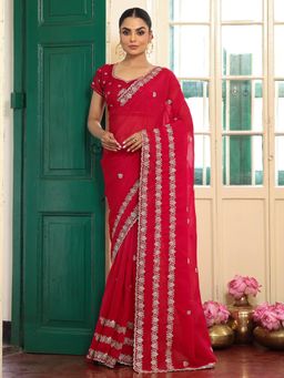 Nyri - Embroidered Embellished Sequinned Chiffon Saree with Unstitched Blouse