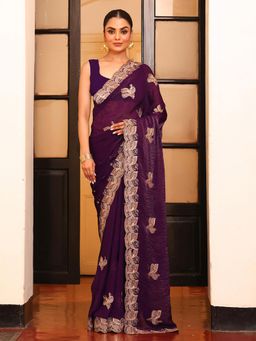 Nyri - Purple Embroidered Embellished Sequinned Satin Saree with Unstitched Blouse