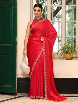 Nyri - Red Embellished Beads and Stones Satin Saree with Unstitched Blouse