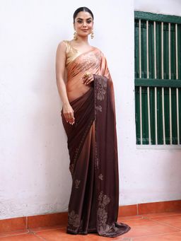 Nyri - Brown Embellished Beads and Stones Satin Saree with Unstitched Blouse