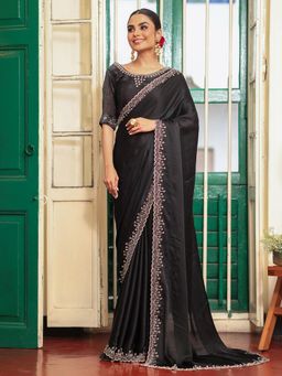 Nyri - Black Embellished Beads and Stones Satin Saree with Unstitched Blouse