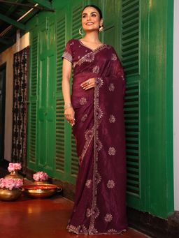 Nyri - Purple Embroidered Embellished Sequinned Chiffon Saree with Unstitched Blouse