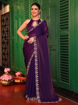 Nyri - Purple Embellished Beads and Stones Satin Saree with Unstitched Blouse