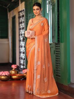 Nyri - Orange Embroidered Embellished Sequinned Chiffon Saree with Unstitched Blouse