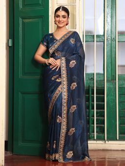 Nyri - Navy Blue Embroidered Embellished Sequinned Chiffon Saree with Unstitched Blouse