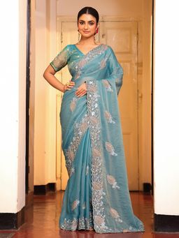 Nyri - Blue Embroidered Embellished Sequinned Chiffon Saree with Unstitched Blouse