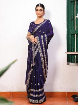 Nyri - Purple Embroidered Embellished Sequinned Chiffon Saree with Unstitched Blouse