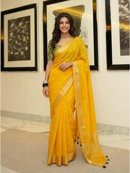 Nyri - Yellow Woven Zari Chiffon Saree with Unstitched Blouse