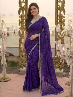 Nyri - Purple Printed Georgette Saree with Unstitched Blouse with Embroidery Border