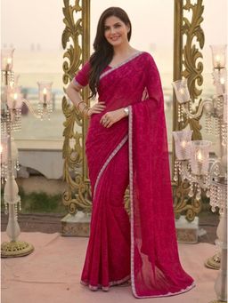 Nyri - Pink Printed Georgette Saree with Unstitched Blouse with Embroidery Border