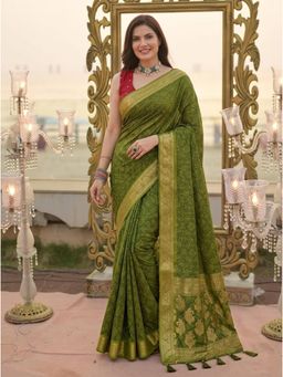 Nyri - Green Ethnic Motifs Beads and Stones Georgette Designer Saree with Unstitched Blouses