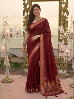 Nyri - Maroon Ethnic Motifs Beads and Stones Georgette Designer Saree with Unstitched Blouses