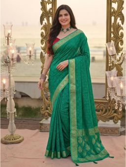 Nyri - Green Ethnic Motifs Beads and Stones Georgette Designer Saree with Unstitched Blouses