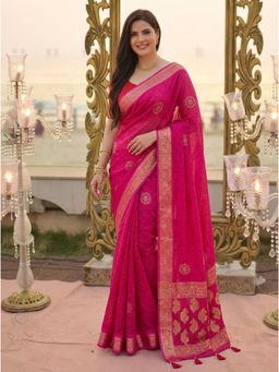 Nyri - Pink Ethnic Motifs Beads and Stones Georgette Designer Saree with Unstitched Blouses