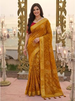 Nyri - Mustard Ethnic Motifs Beads and Stones Georgette Saree with Unstitched Blouses
