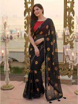Nyri - Black Printed Georgette Saree with Unstitched Blouse