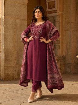 Gahan - Womens Wine Rayon Blend Embroidered Straight Kurta and Pant with Dupatta