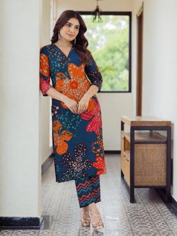 Gahan - Womens Blue Rayon Blend Printed Straight Kurta with Pant