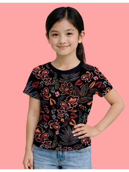 Nusyl - Girls Black Classic Flower Printed Half Sleeves T-Shirt