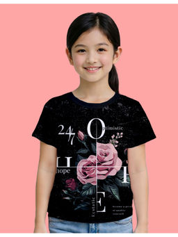 Nusyl - Girls Black Rose Flower Printed Half Sleeves T-Shirt