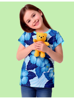 Nusyl - Girls Sky Blue Tropical Floral Printed Half Sleeves T-Shirt