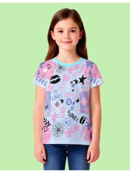 Nusyl - Girls Sky Blue Pop Art Doodle Printed Half Sleeves T-Shirt