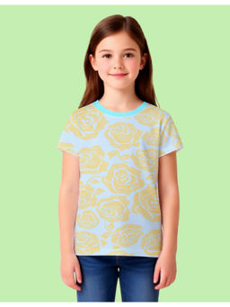 Nusyl - Girls Sky Blue Rose Flower Printed Half Sleeves T-Shirt