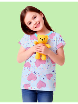 Nusyl - Girls Sky Blue Heart Printed Half Sleeves T-Shirt