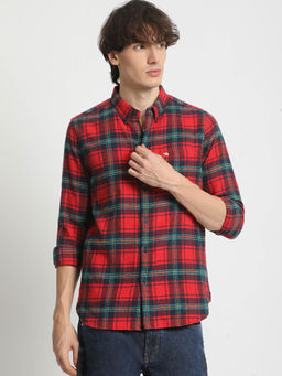 The Bear House - Men's Red Checked Slim Fit Casual Shit