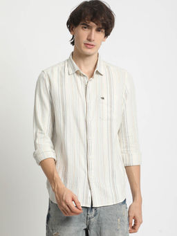 The Bear House - Men's Striped Slim Fit Off White Casual Shit