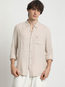 The Bear House - Men's Striped Slim Fit Beige Casual Shirt