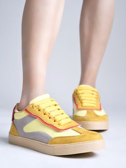 Shoetopia - Yellow Vibrant Low-Top Fashion Sneakers With Layered Panel Design