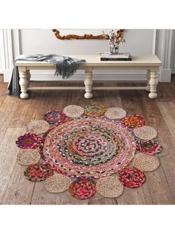 Kuber Industries - Multi-Color Anti-Skid Beige Natural Jute Multi Circle Floor Rug