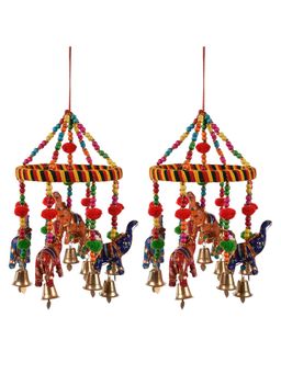 Kuber Industries - Multi-Color Polyester Hanging Ring Elephant with Bells Windchimes (Pack of 2)